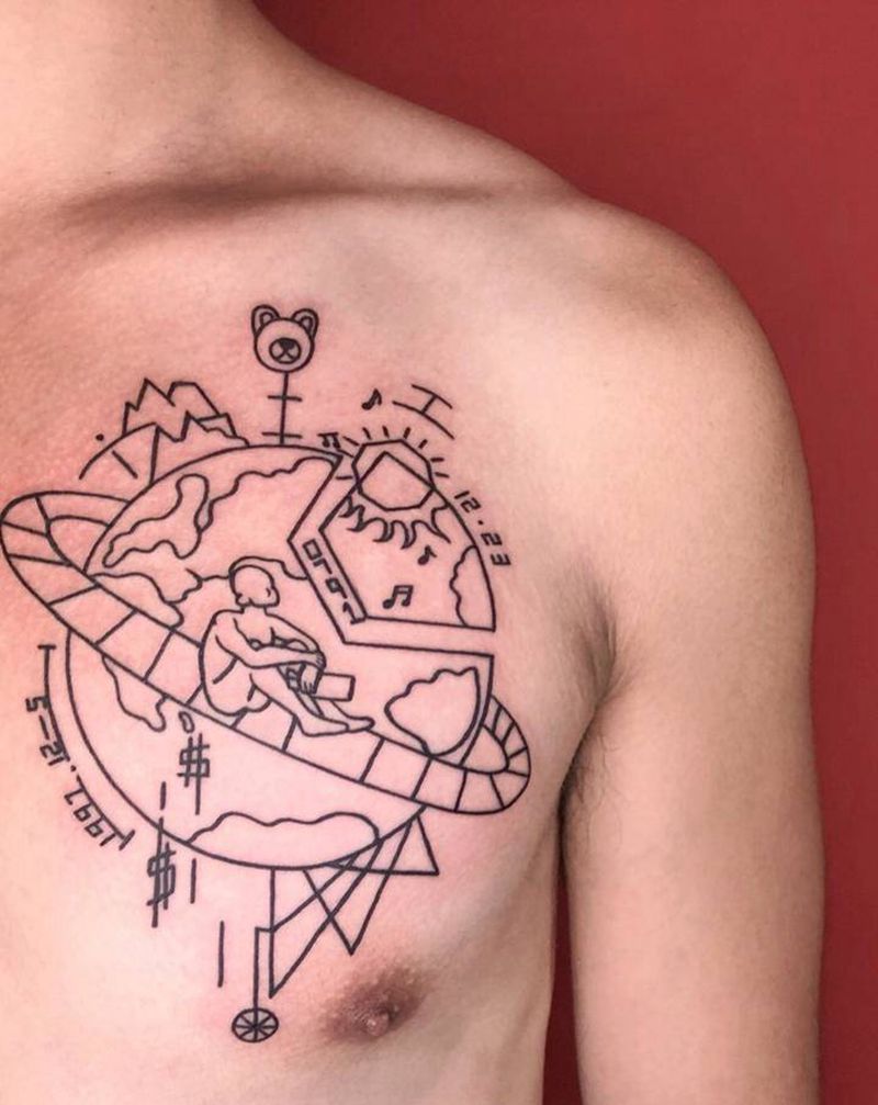 几何线条纹身图片_胸部几何纹身图案