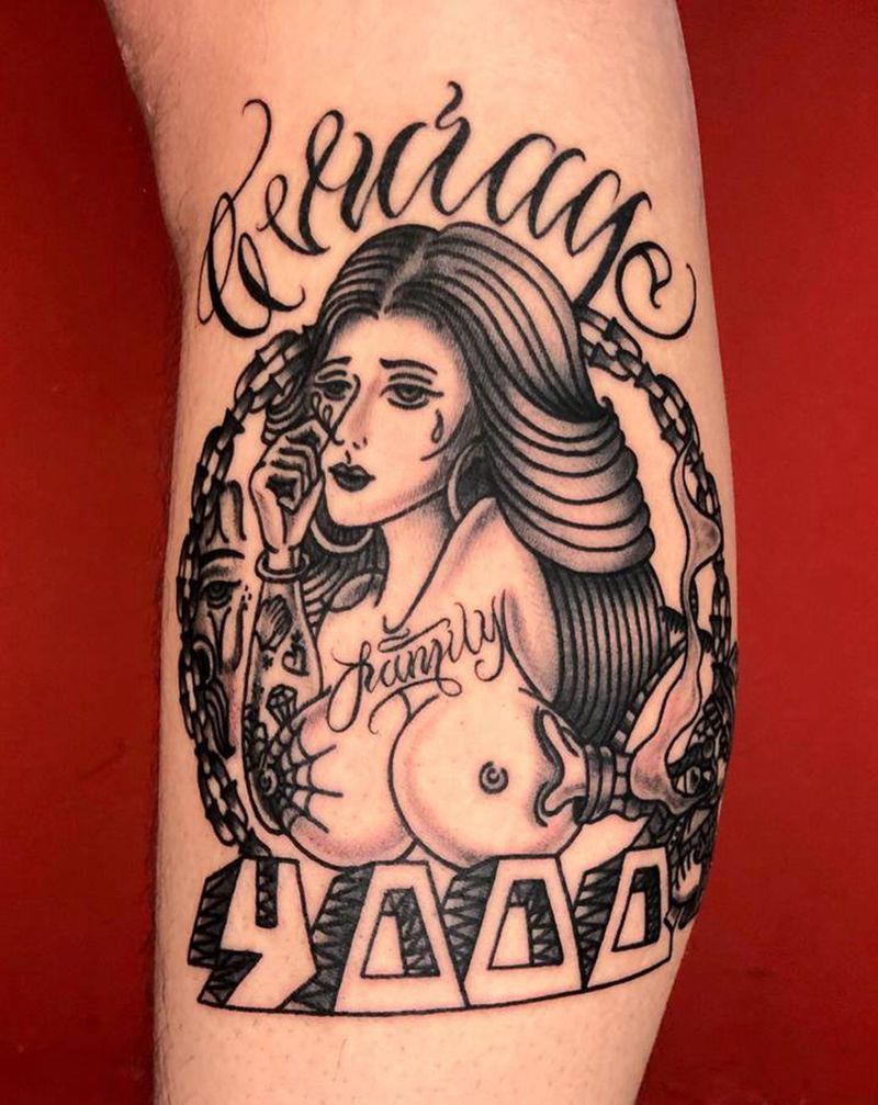 墨西哥女郎纹身图片_腿部Old School花体字纹身图案