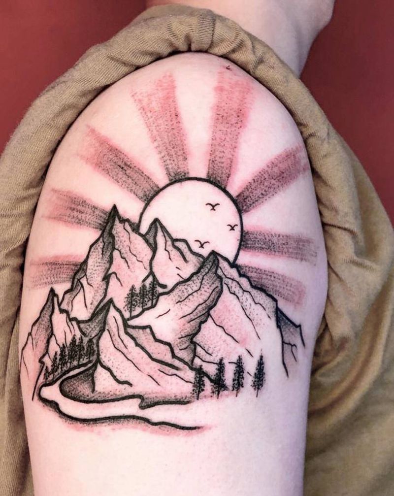 山水画纹身图片_手臂点刺纹身图案