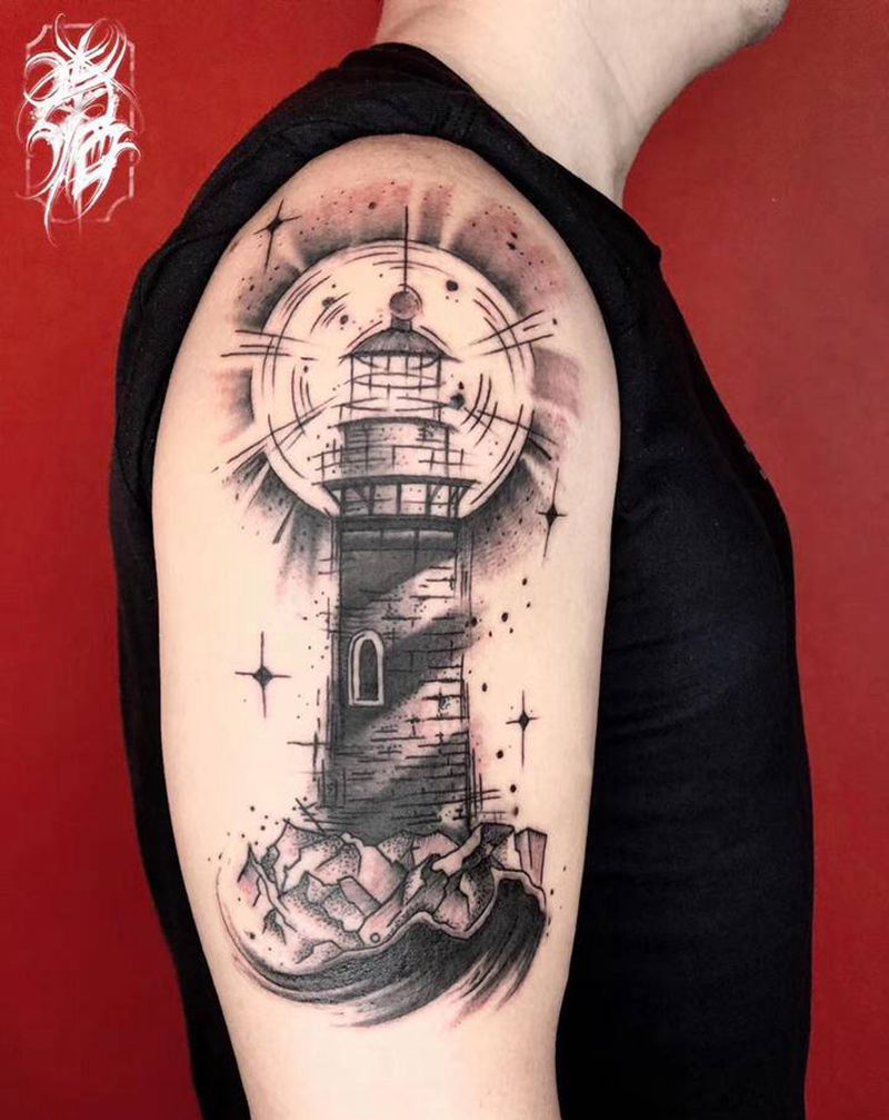 灯塔纹身图片_手臂水墨纹身图案