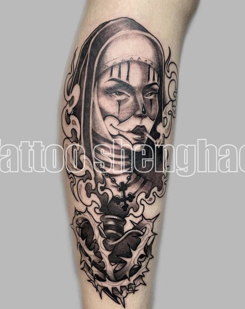 Chicano女郎纹身图片_腿部欧美写实修女奇卡诺女郎纹身图案
