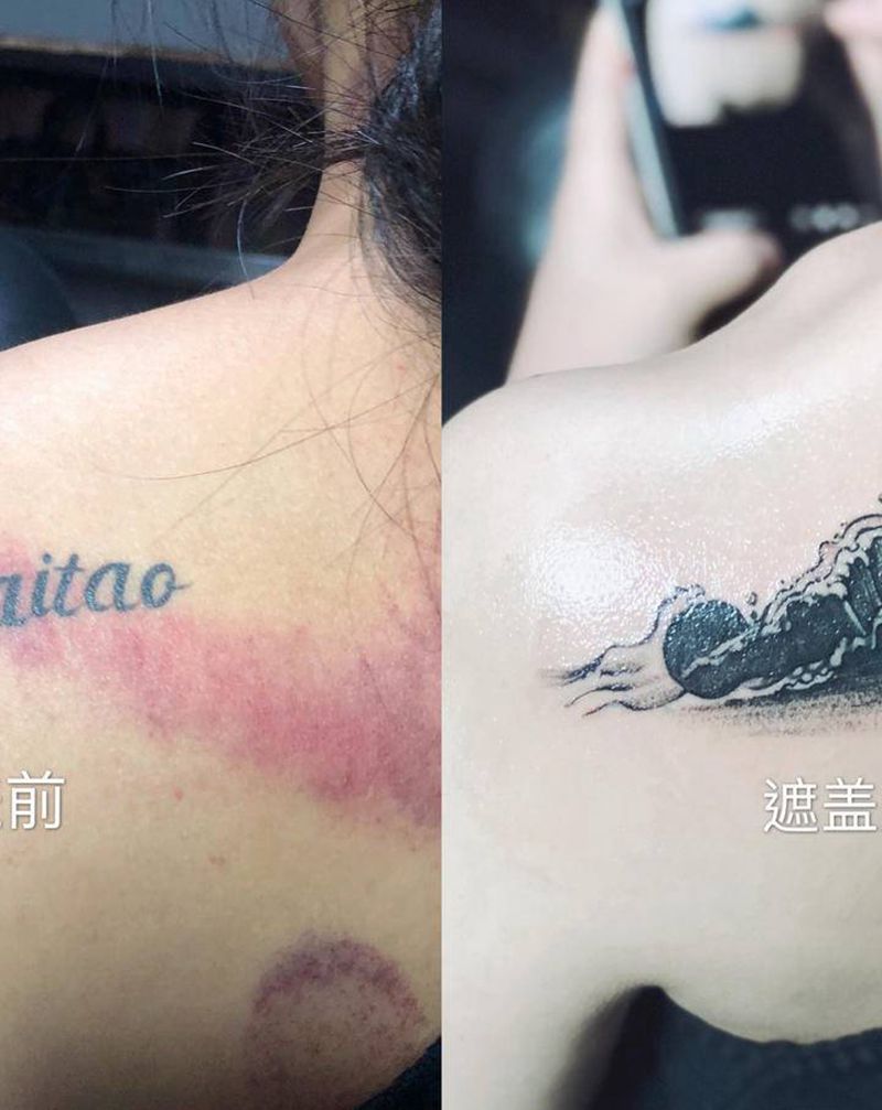 小清新纹身图片_背部肩部点刺老传统纹身图案