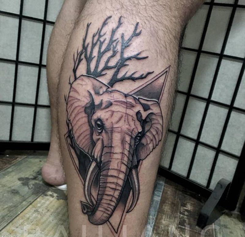 大象纹身图片_腿部几何纹身图案