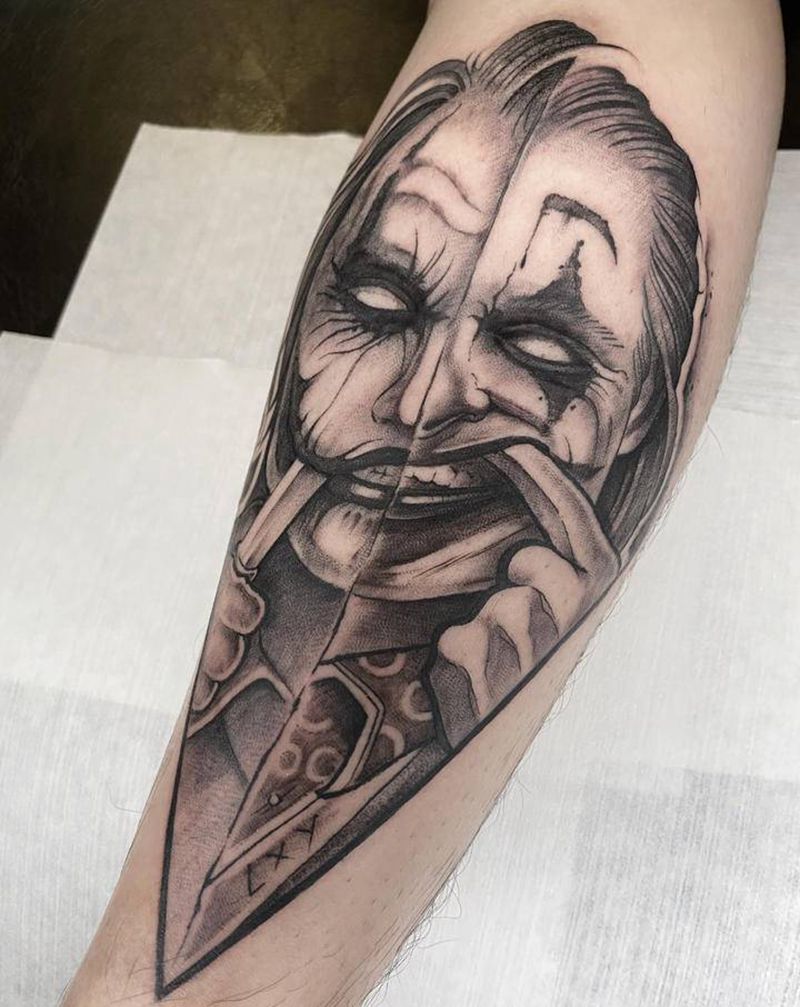 小丑纹身图片_腿部欧美写实纹身图案