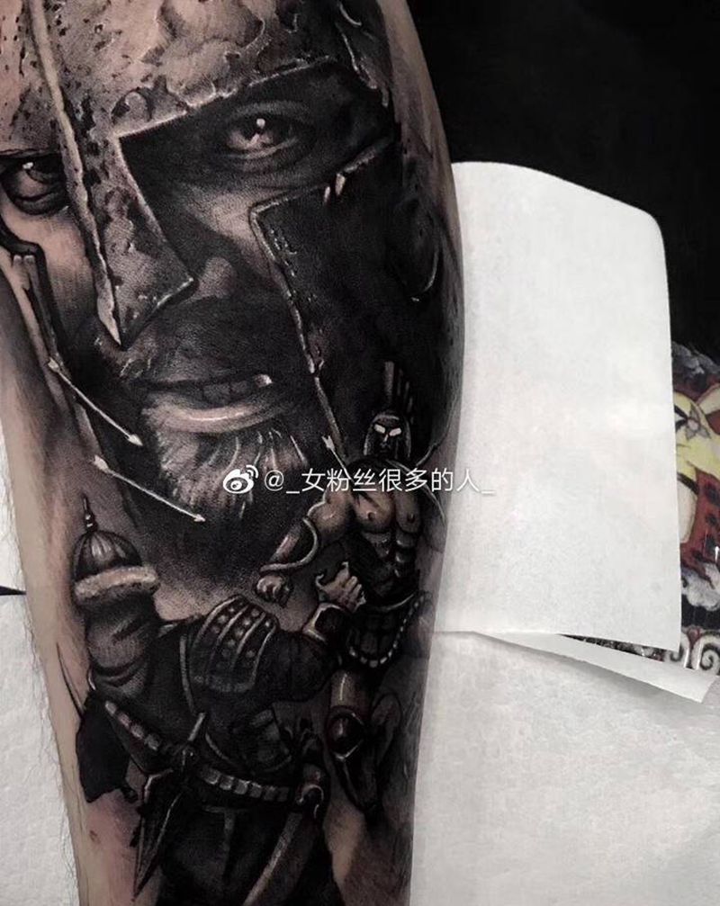 战神-斯巴达纹身图片_手臂腿部欧美写实肖像写实黑灰纹身图案