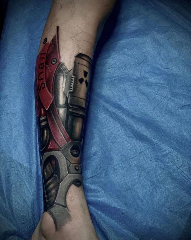 机械腿～未完纹身图片_腿部Old School新传统包腿传统机械腿纹身图案