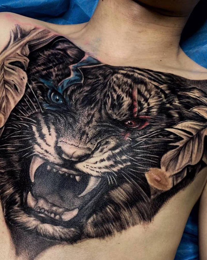 满背老虎纹身图片_背部新传统Old School满背老虎纹身图案