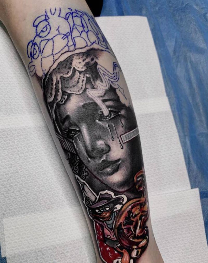 撒玛利亚纹身图片_腿部手臂欧美写实Old School写实腿部手臂纹身图案