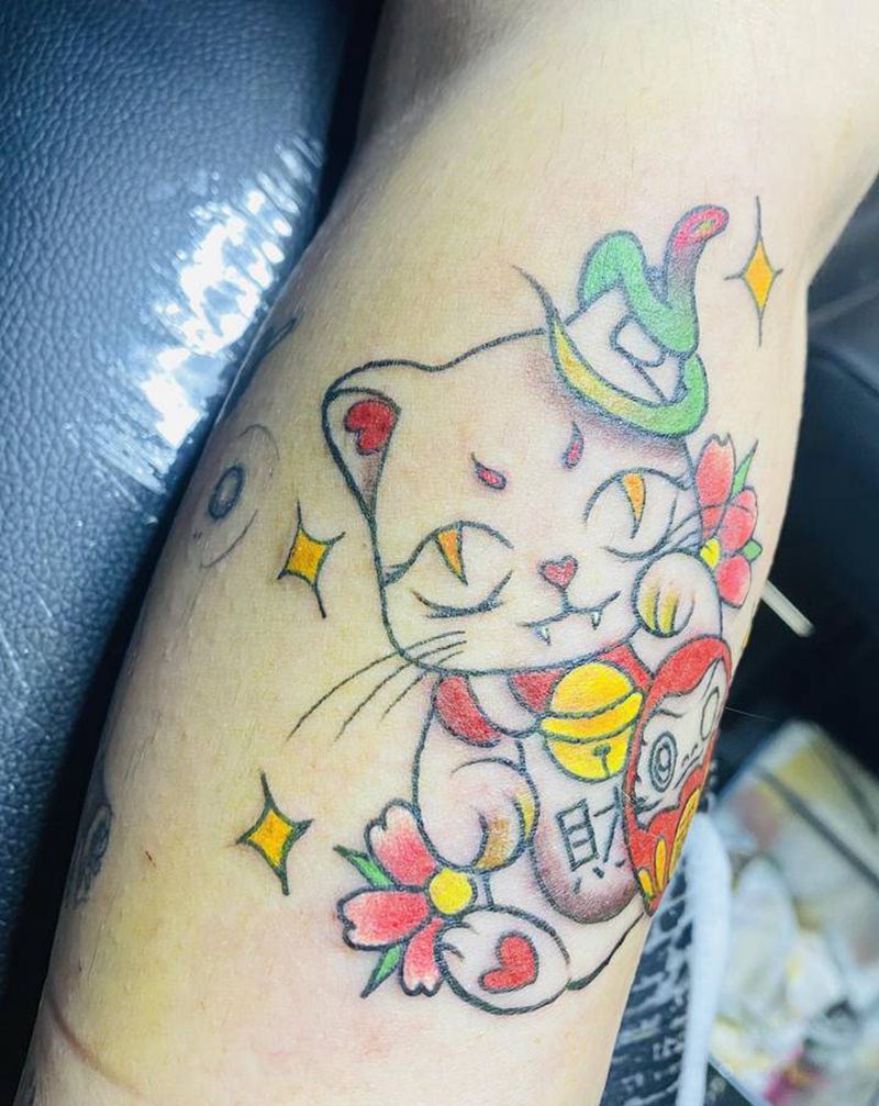 招财猫纹身图片_手臂新传统纹身图案