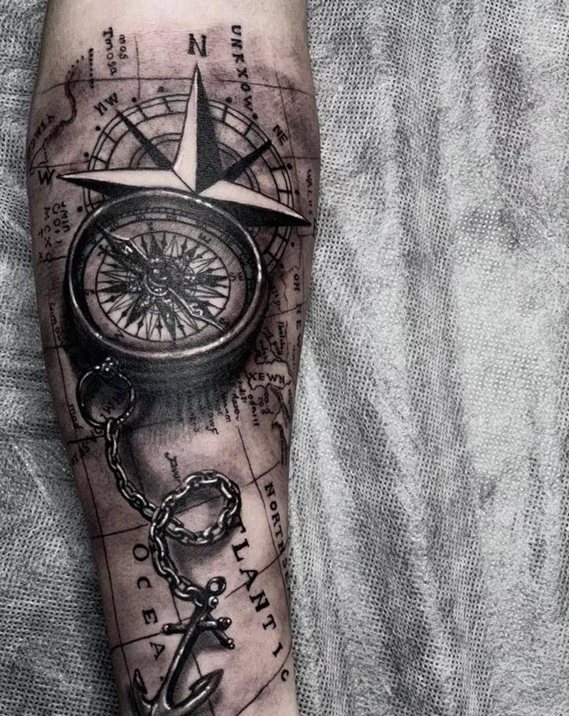 航海图纹身图片_手臂手部几何欧美写实航海图指南针手臂纹身图案