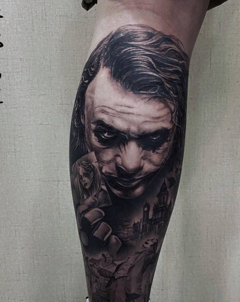 小丑纹身图片_腿部欧美写实纹身图案