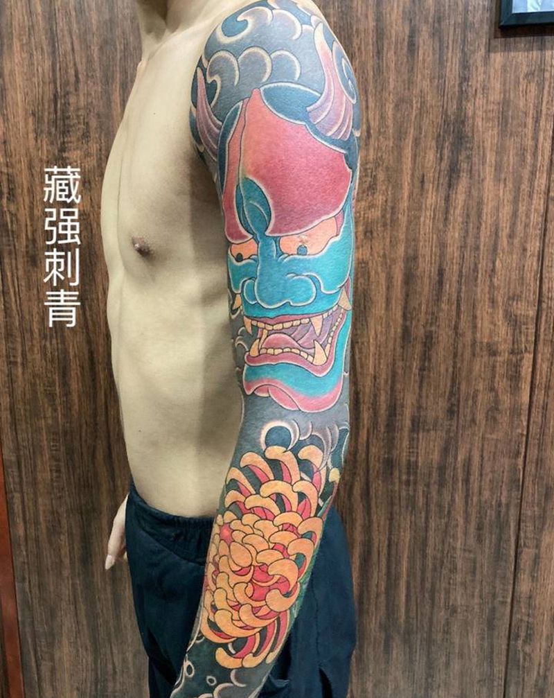 般若菊花臂！纹身图片_手臂老传统纹身图案