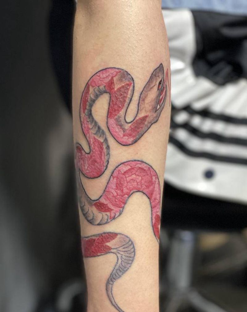 定制牡丹蛇纹身图片_手臂新传统水彩纹身图案