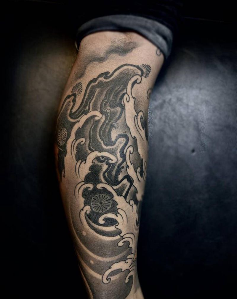定制浪花包小腿纹身图片_腿部新传统纹身图案