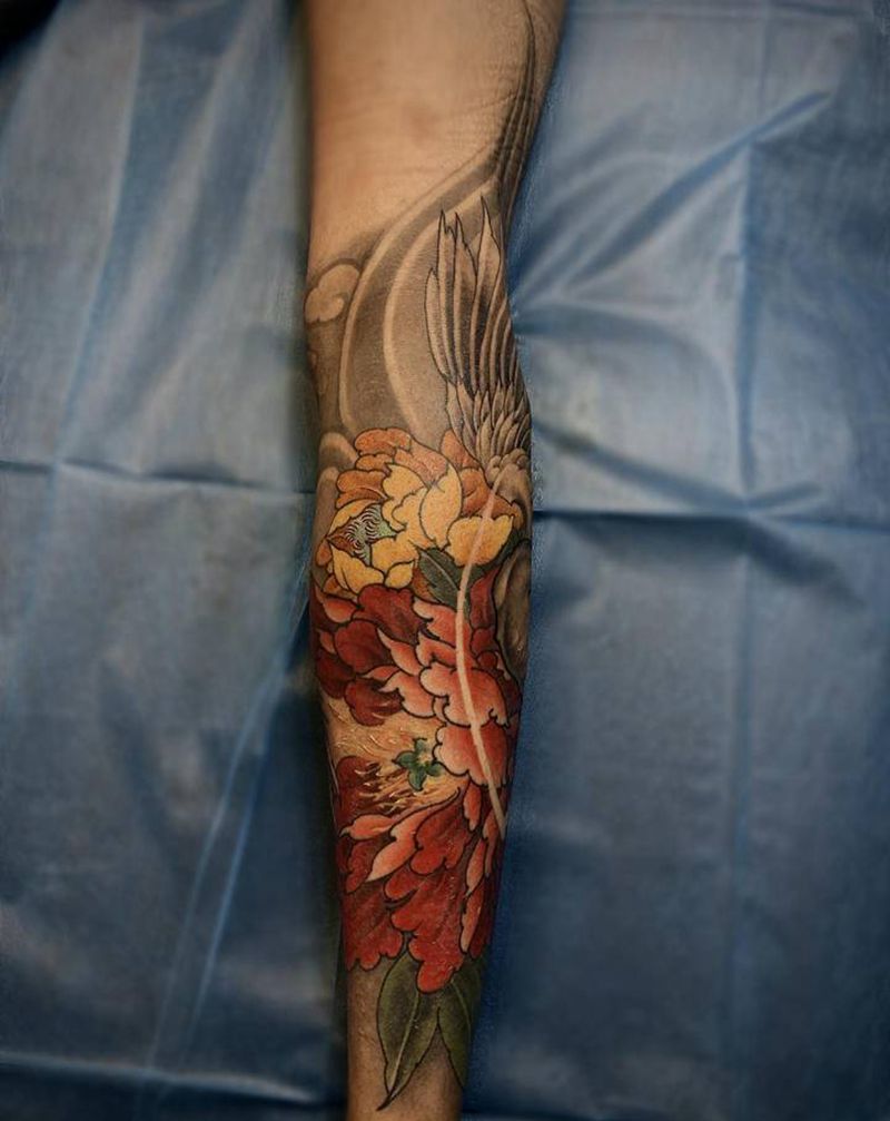 仙鹤包小腿纹身图片_腿部新传统纹身图案