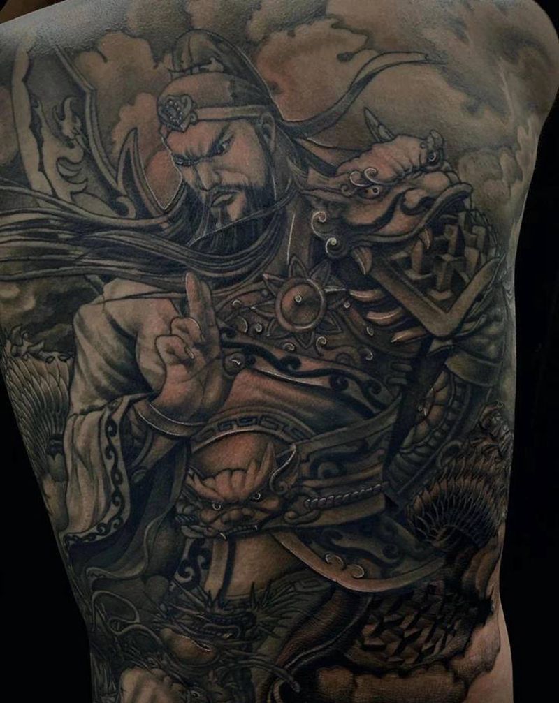 满背关公纹身图片_背部新传统纹身图案
