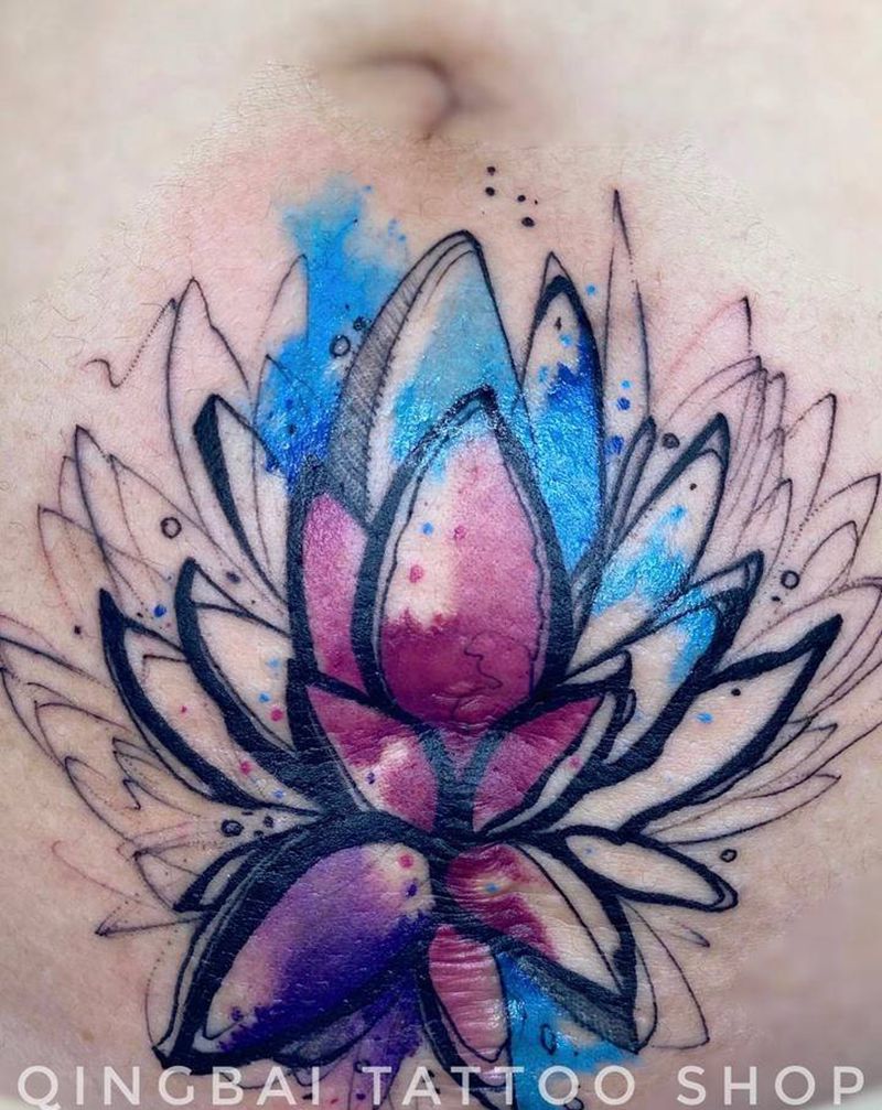 遮盖剖腹产疤痕纹身图片_腹部水彩纹身图案