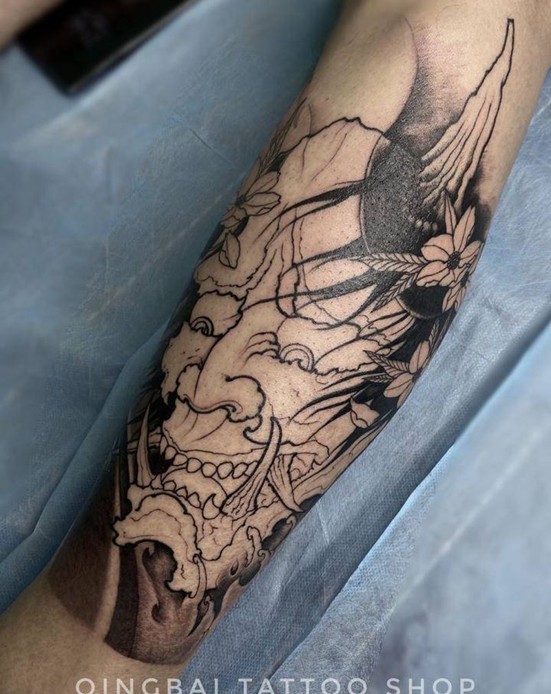 般若第一回合纹身图片_腿部新传统纹身图案