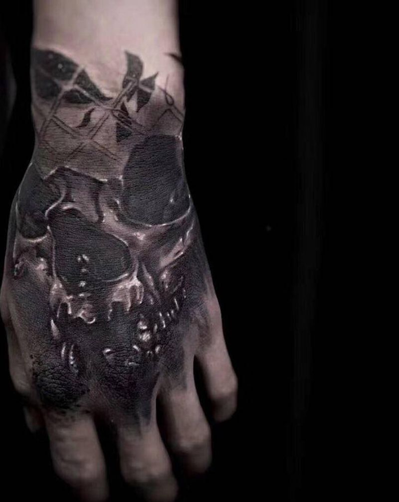 手背骷髅纹身图片_手部欧美写实纹身图案