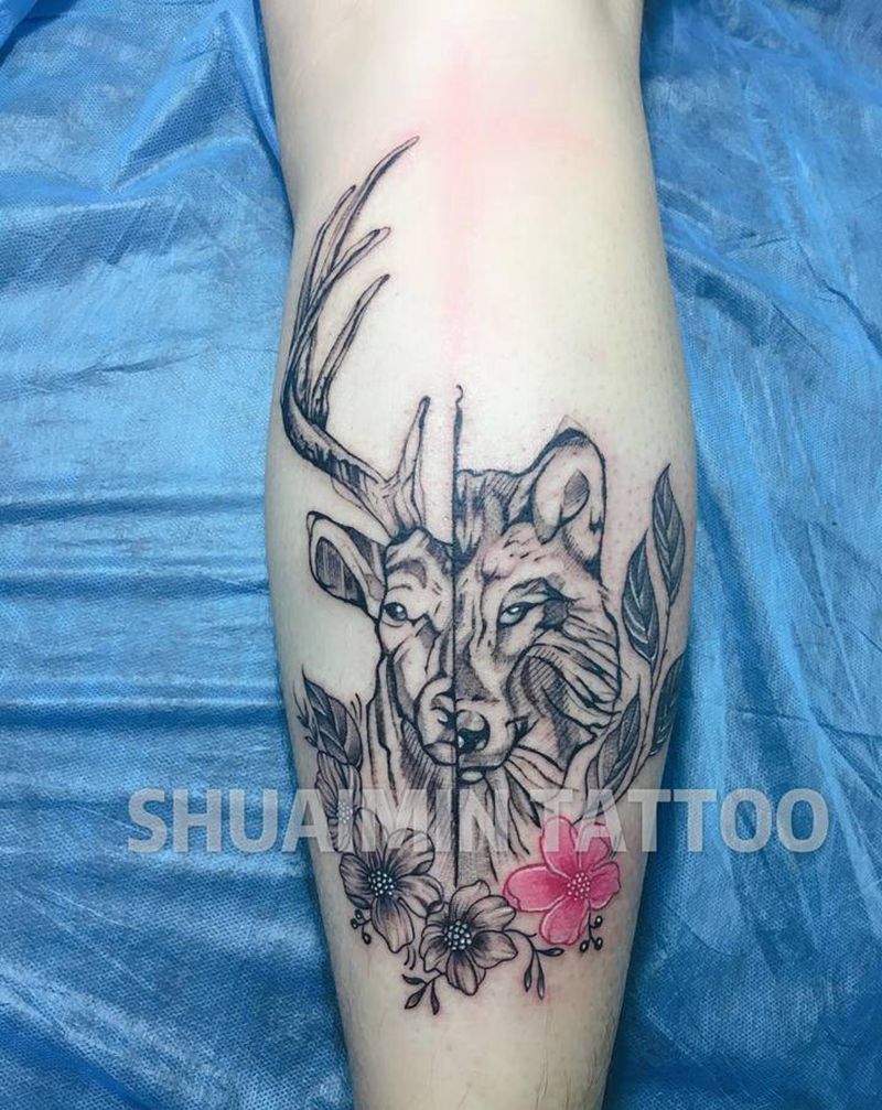 羊虎纹身图片_脚部纹身图案