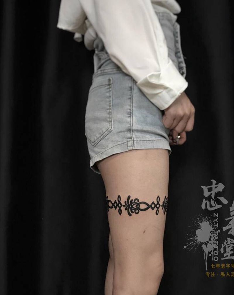 腿环纹身图片_腿部几何图腾纹身图案