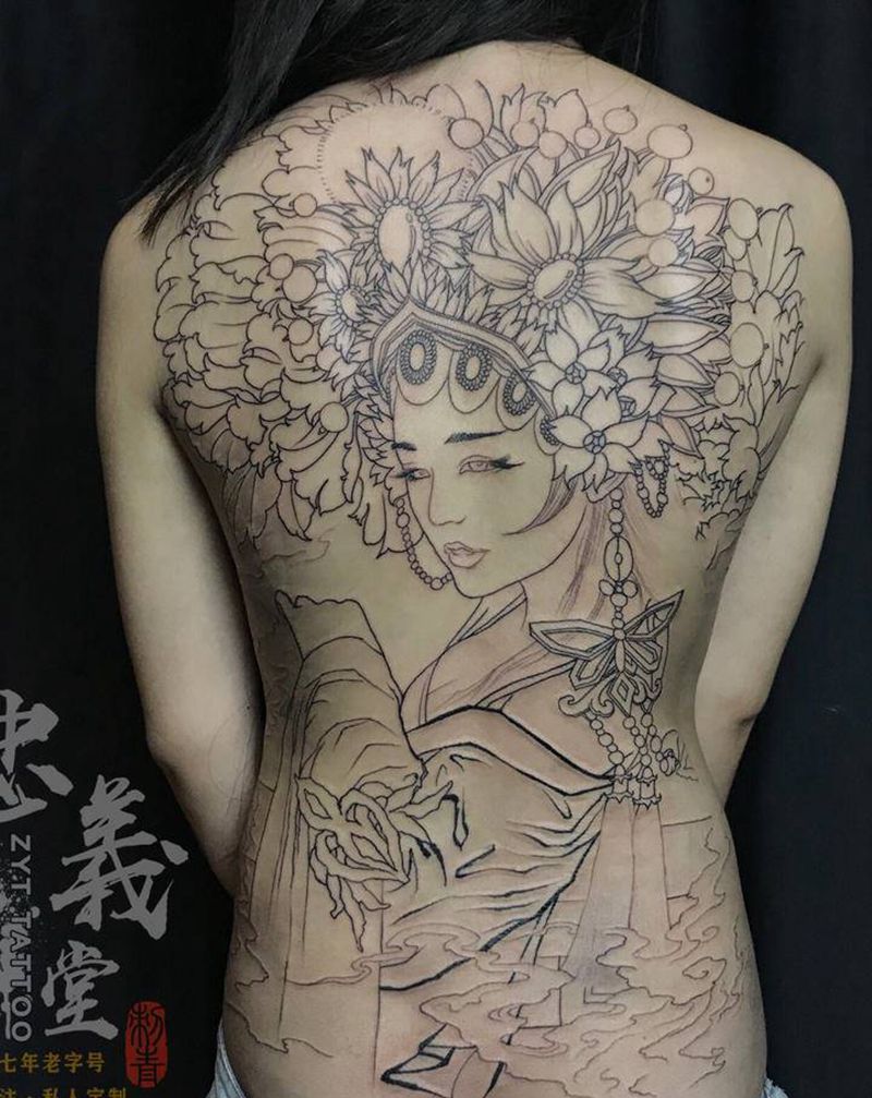 花旦纹身图片_背部新传统纹身图案