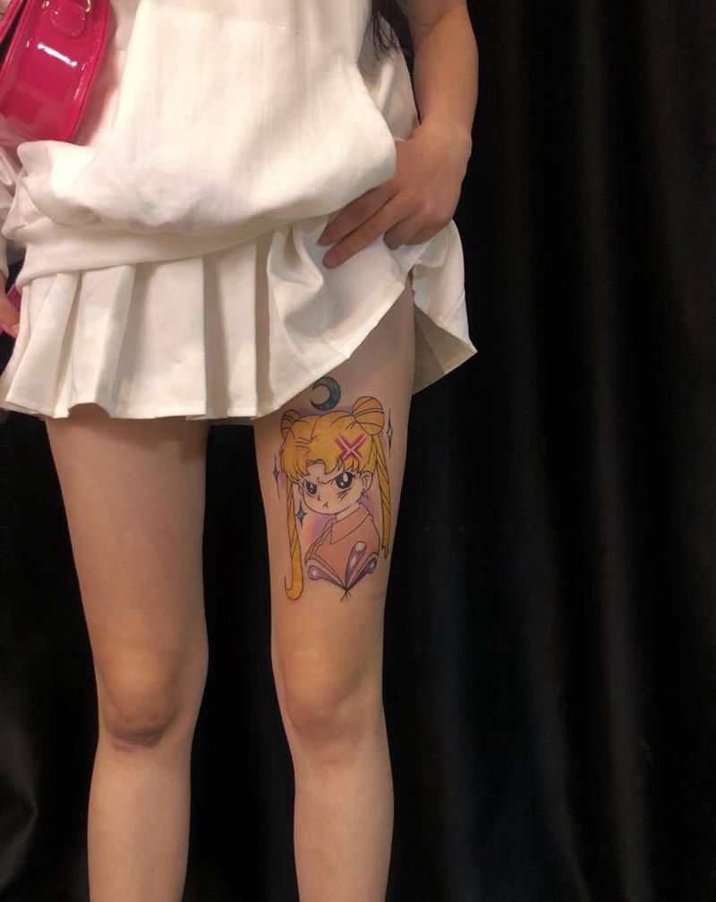 美少女战士纹身图片_腿部水彩纹身图案