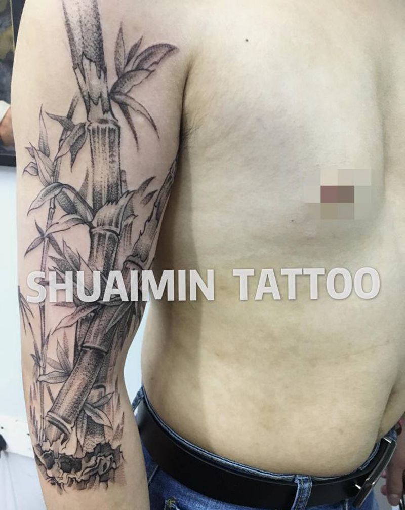 竹子纹身图片_腿部手臂点刺水墨纹身图案