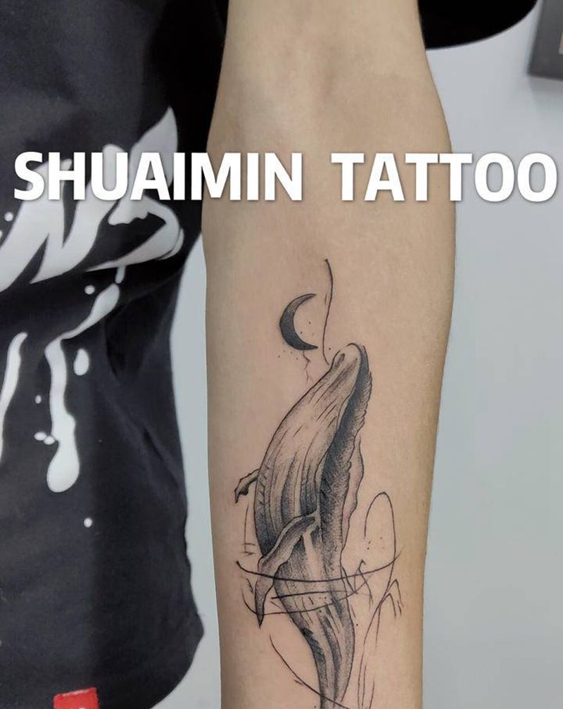 鲸鱼纹身图片_手臂腿部点刺几何纹身图案