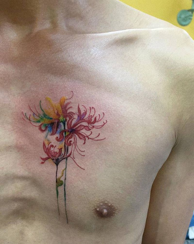 水彩彼岸纹身图片_胸部纹身图案