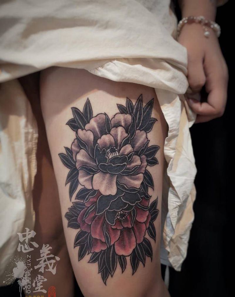 牡丹遮盖纹身图片_腿部新传统纹身图案