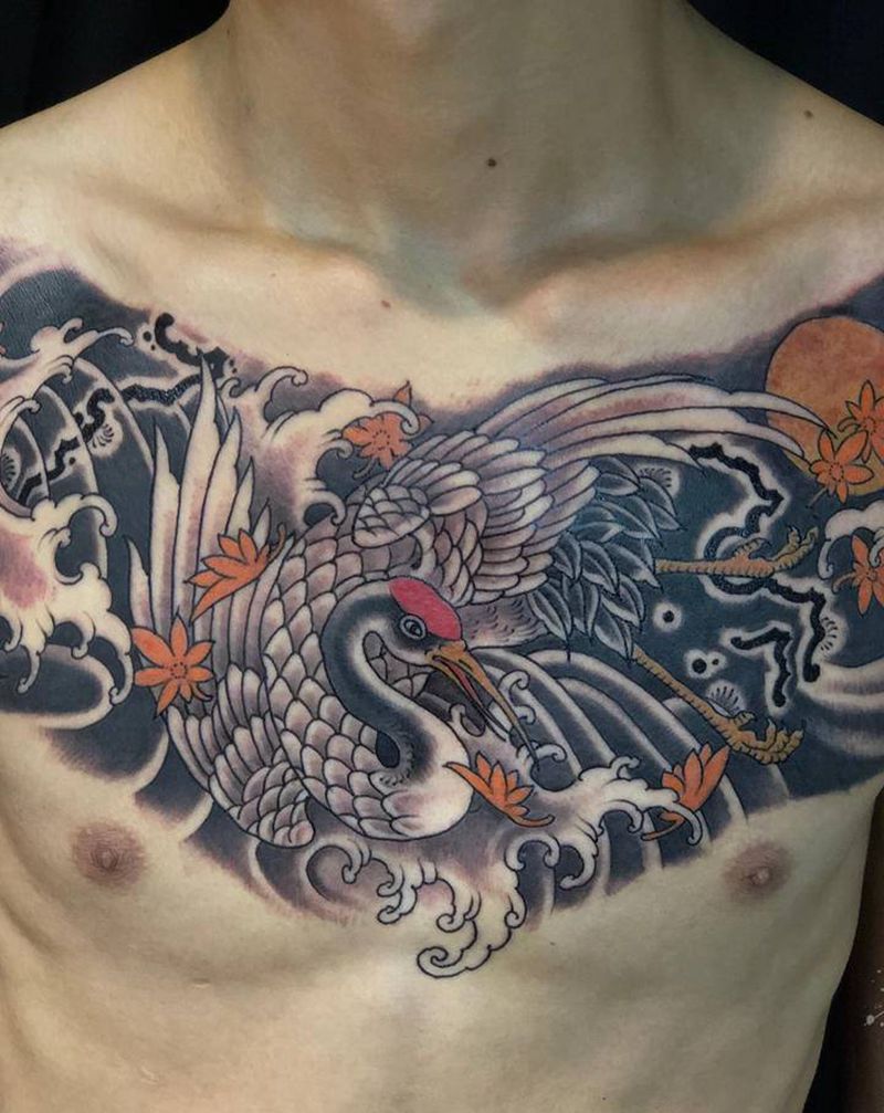 仙鹤花胸纹身图片_胸部新传统纹身图案