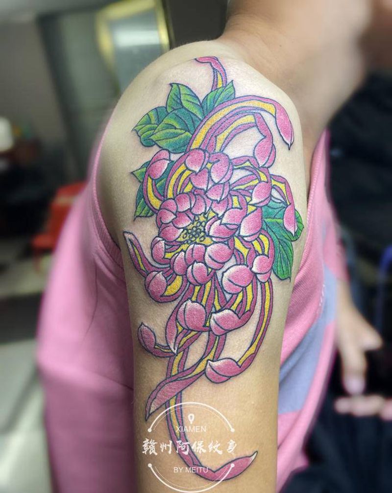 菊花作品纹身图片_手臂新传统老传统纹身图案