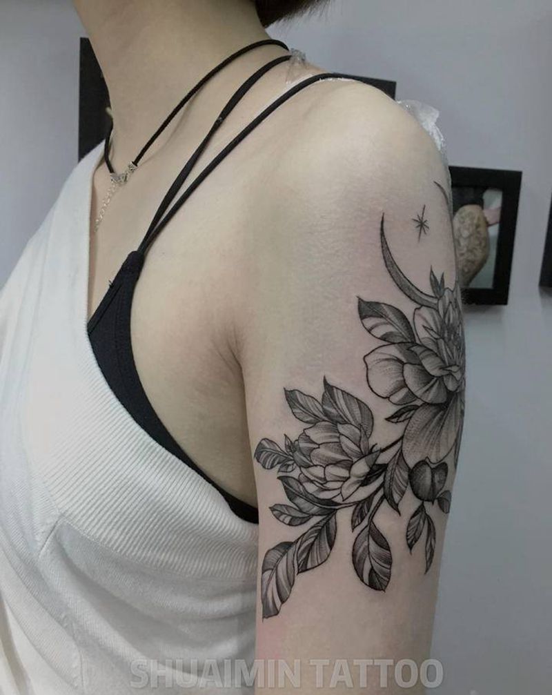 素花纹身图片_手臂背部点刺欧美写实纹身图案