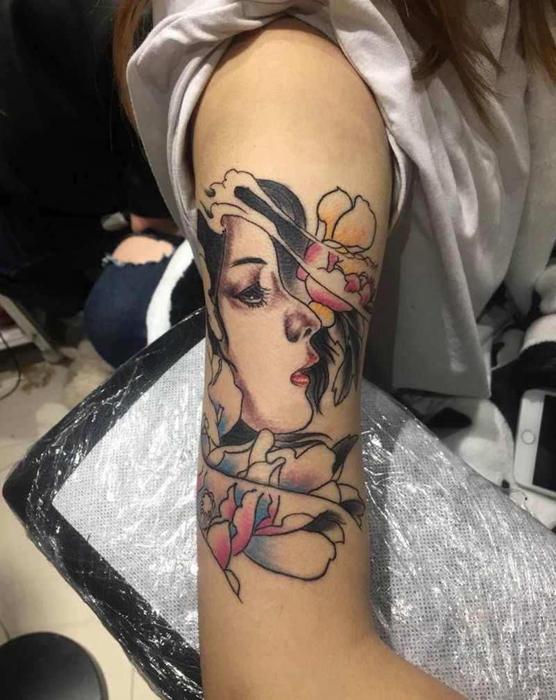 艺妓纹身图片_腿部手臂新传统欧美写实纹身图案