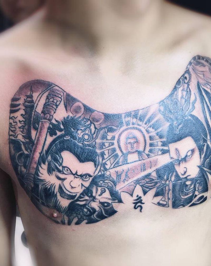 花胸纹身图片_胸部背部新传统纹身图案