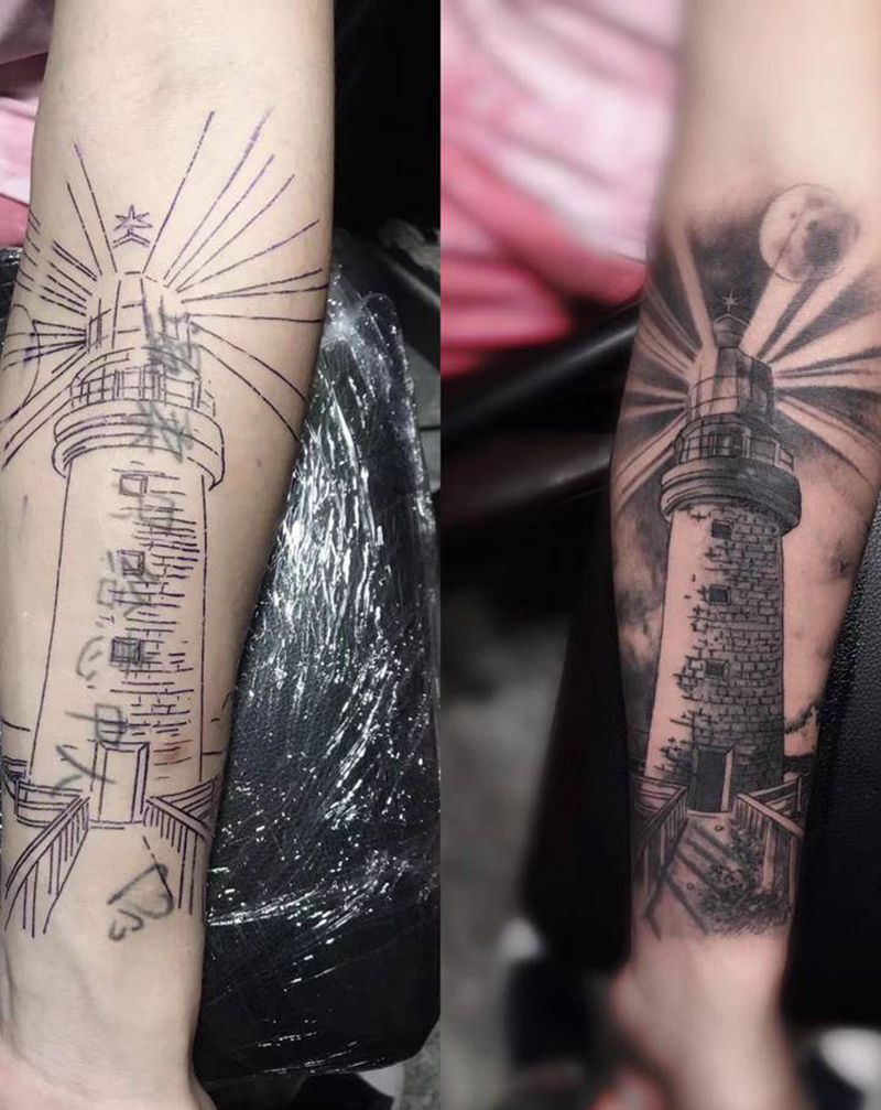 灯塔遮盖纹身图片_手部手臂Old School纹身图案