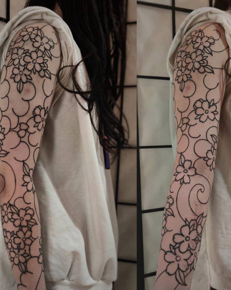 樱花臂线条纹身图片_手臂新传统纹身图案