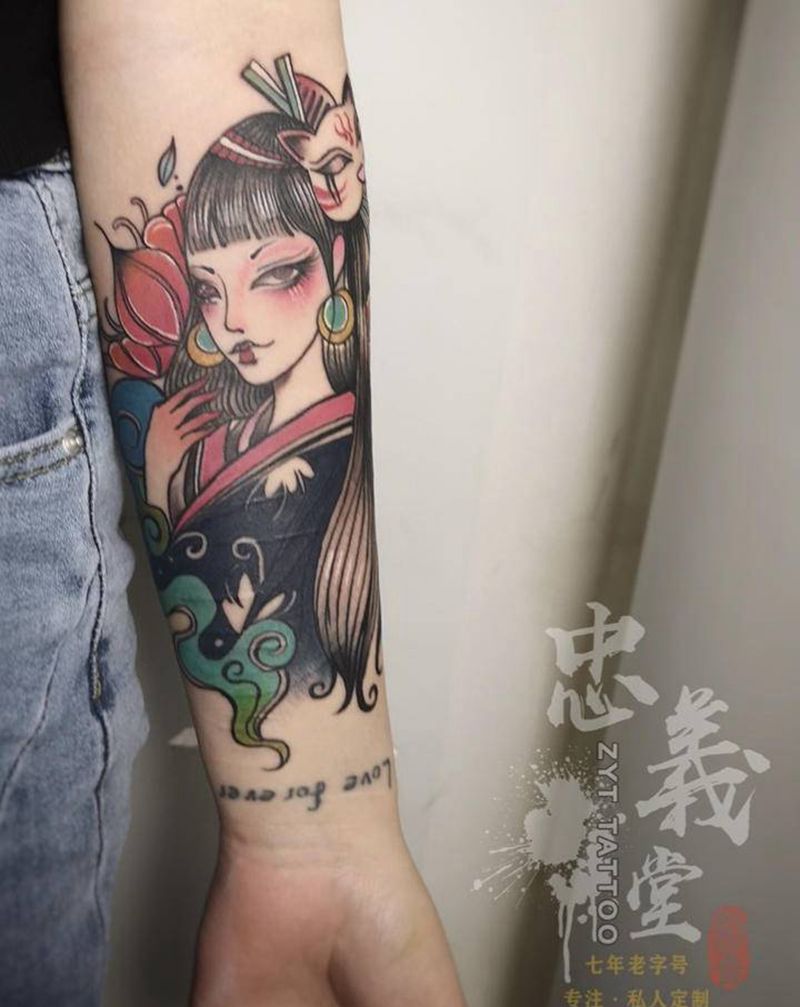 少女纹身图片_手臂新传统纹身图案