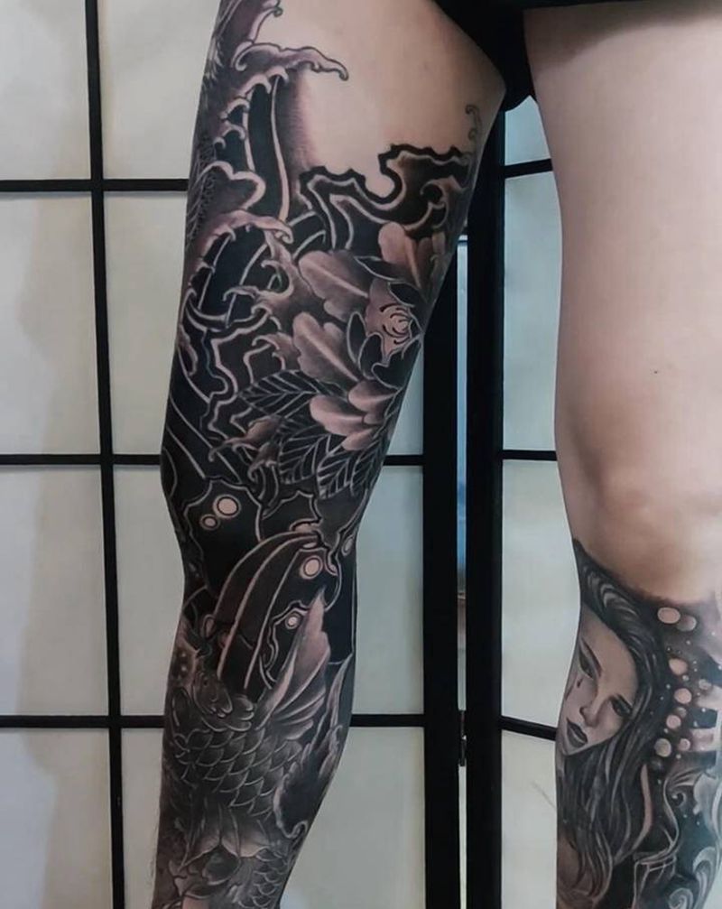 花腿纹身图片_腿部新传统纹身图案