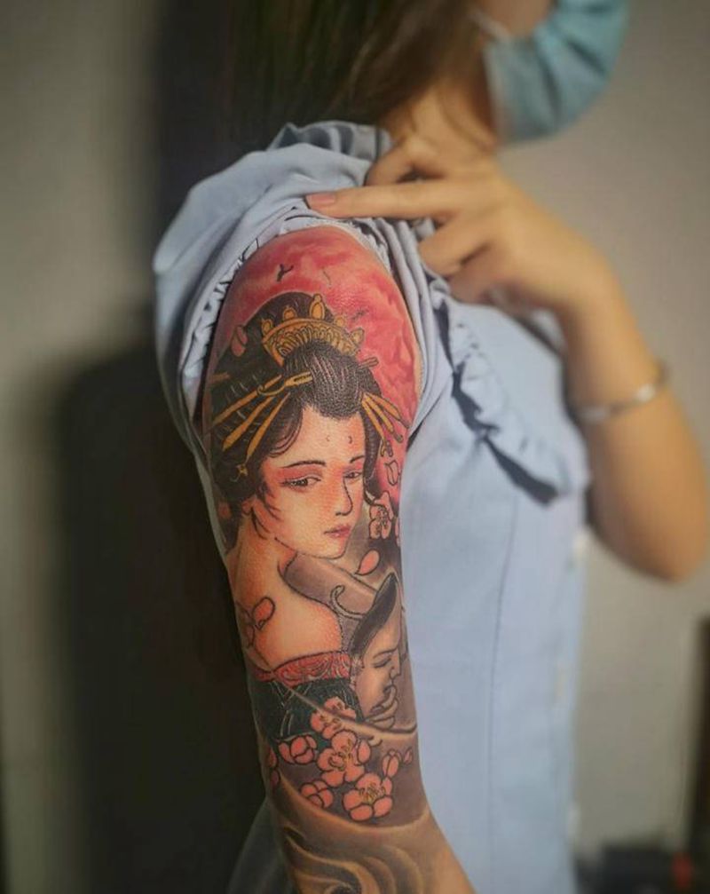 艺姬纹身图片_手臂新传统纹身图案