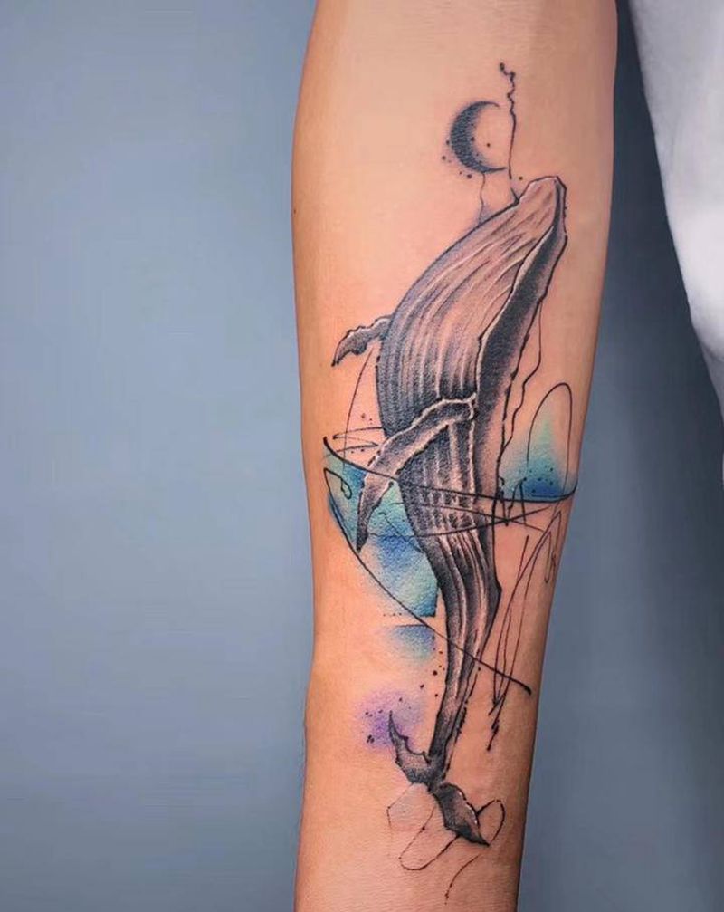 水彩鲸鱼纹身图片_手臂腿部水彩水墨鲸鱼纹身图案