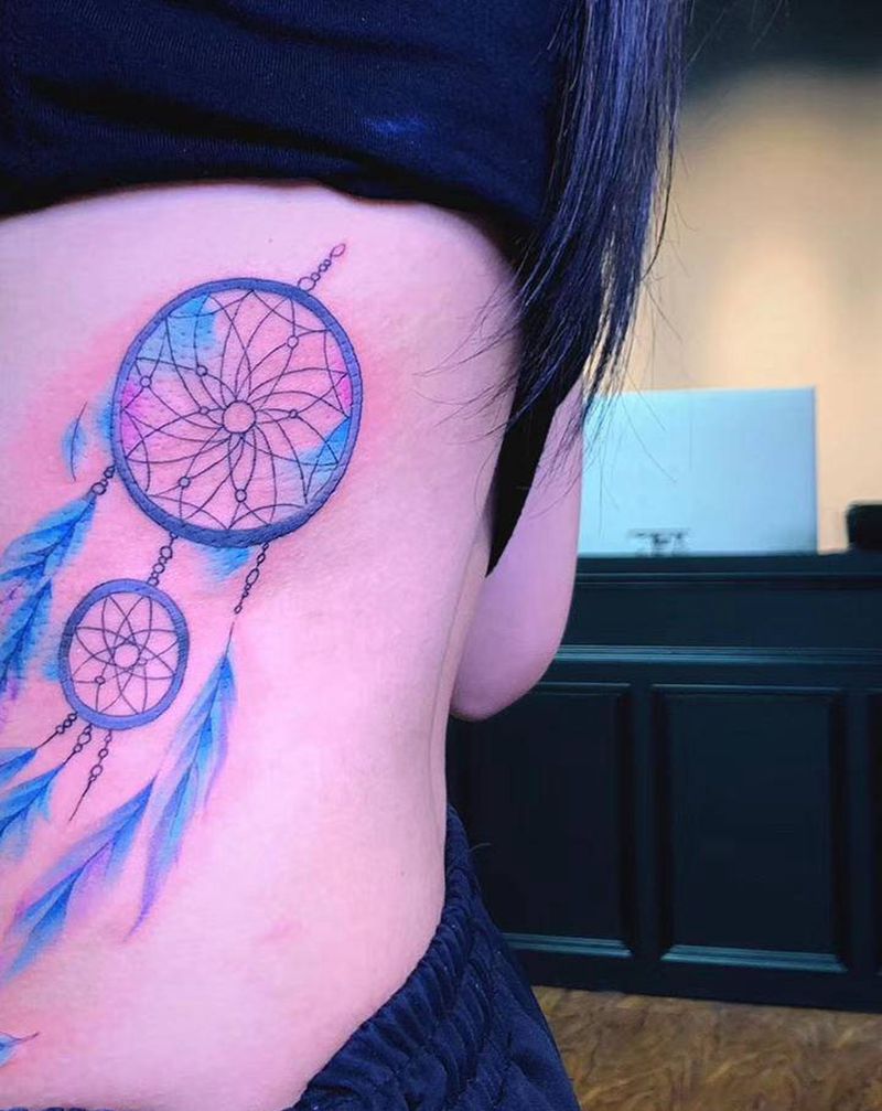 水彩捕梦网纹身图片_腰部腹部水彩水墨捕梦网纹身图案