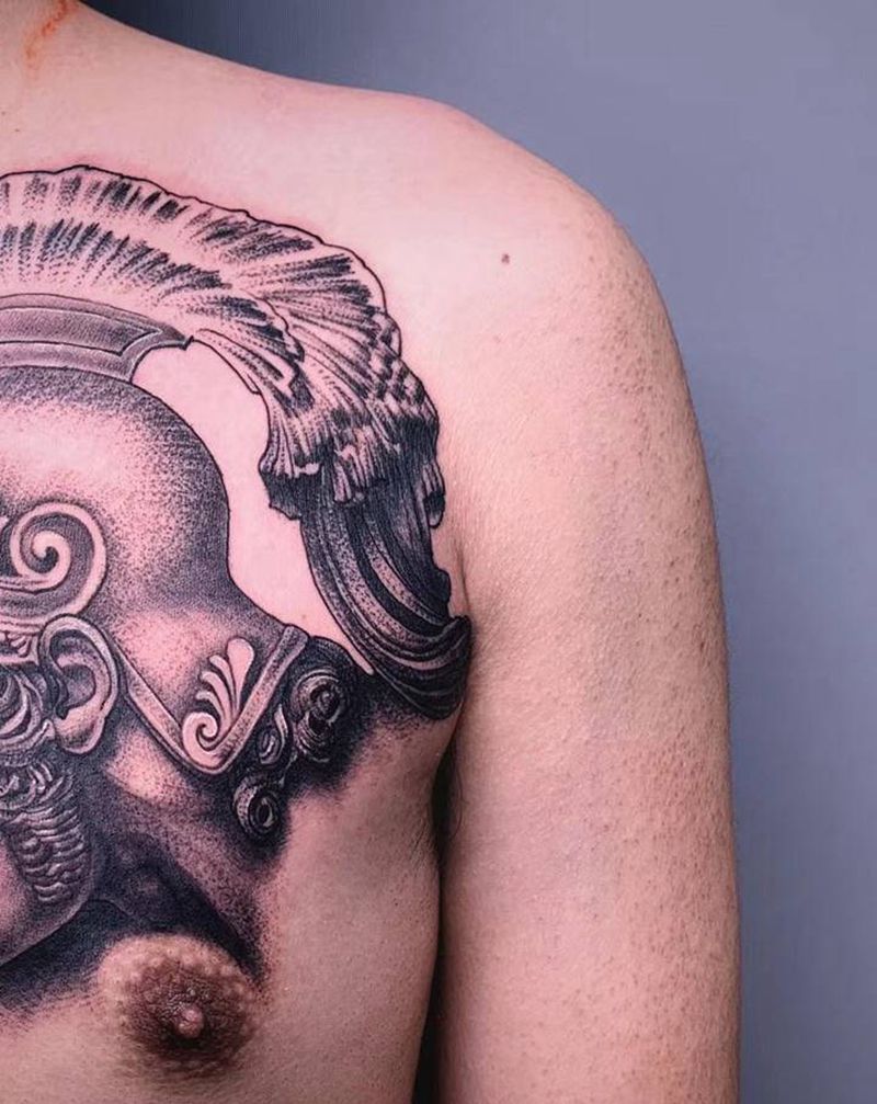 雕塑人像纹身图片_胸部欧美写实点刺欧美人像纹身图案