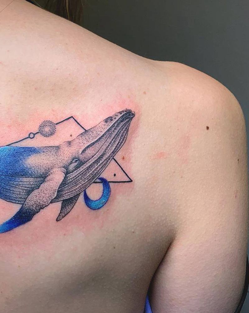 鲸鱼纹身图片_背部腿部水彩点刺鲸鱼鲸纹身图案