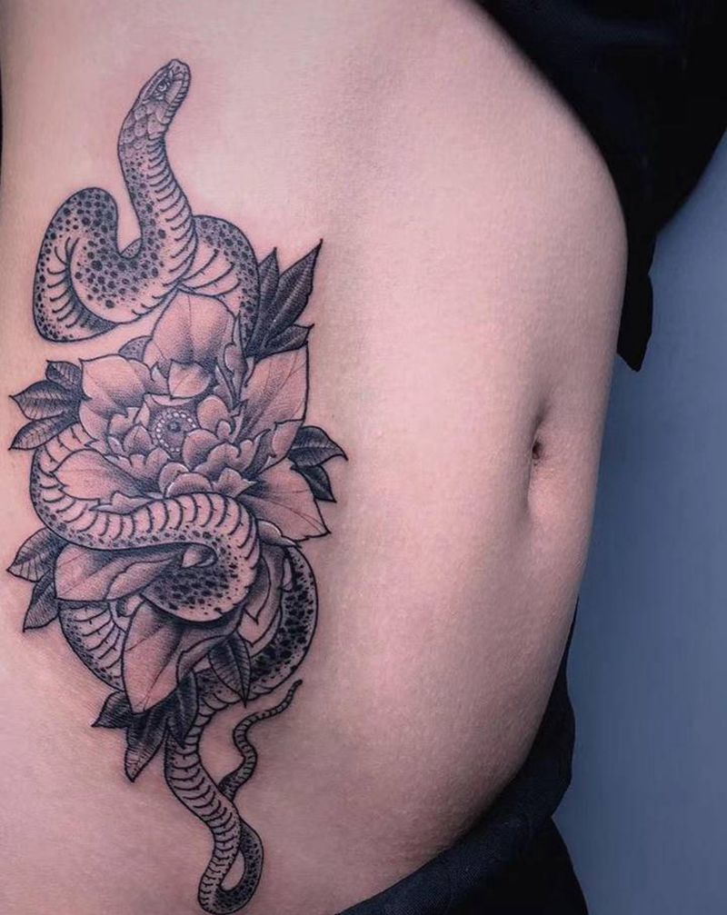 ＃ 蛇盘牡丹＃遮盖胎记纹身图片_腰部腹部老传统新传统纹身图案