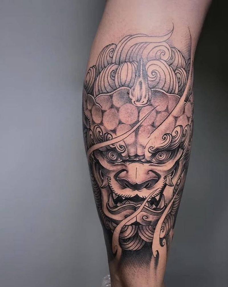 ＃唐狮＃纹身图片_腿部老传统新传统纹身图案