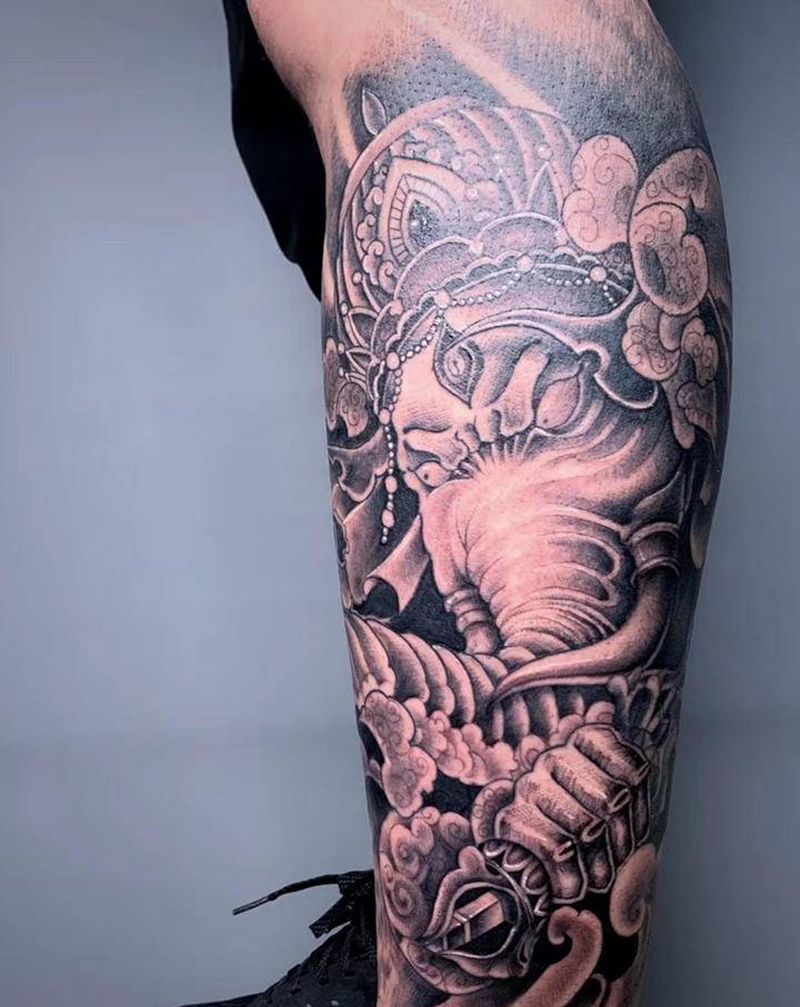 ＃象神＃纹身图片_腿部新传统老传统纹身图案