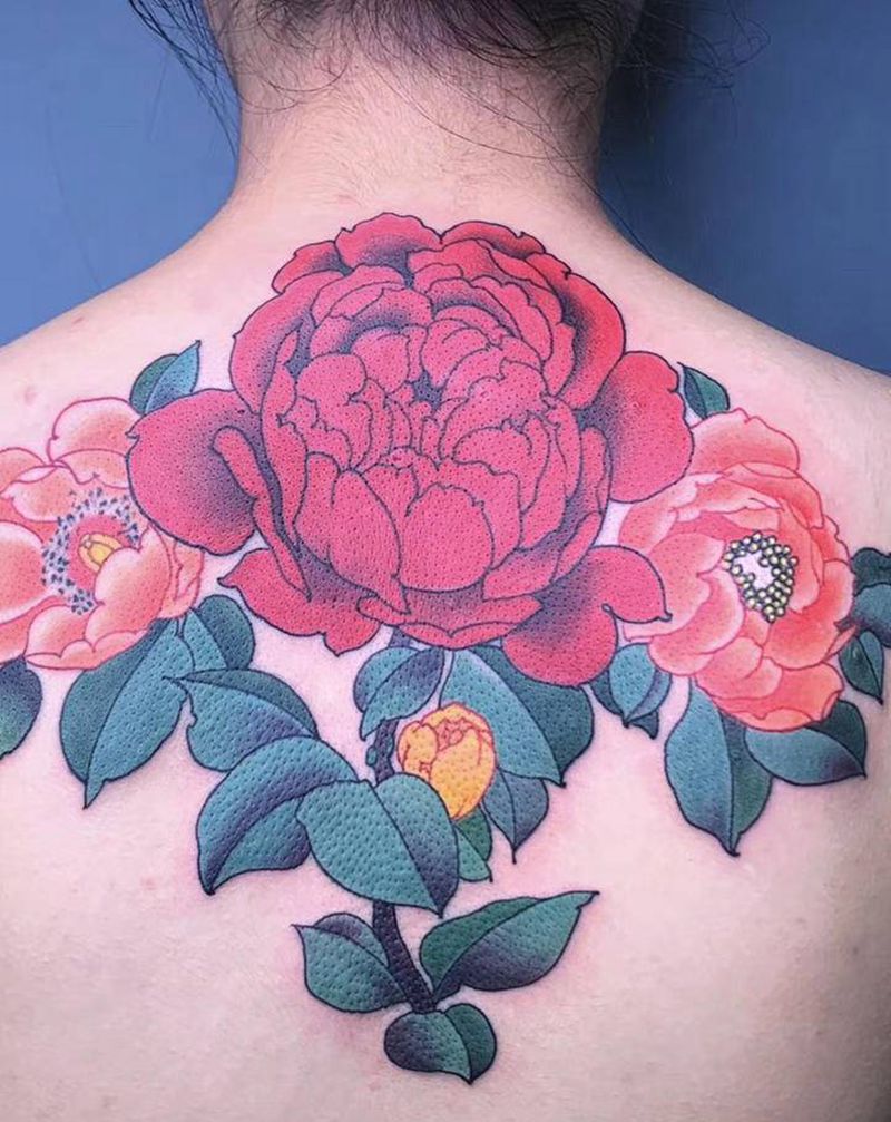 ＃ 牡丹＃纹身图片_肩部背部老传统新传统牡丹纹身图案