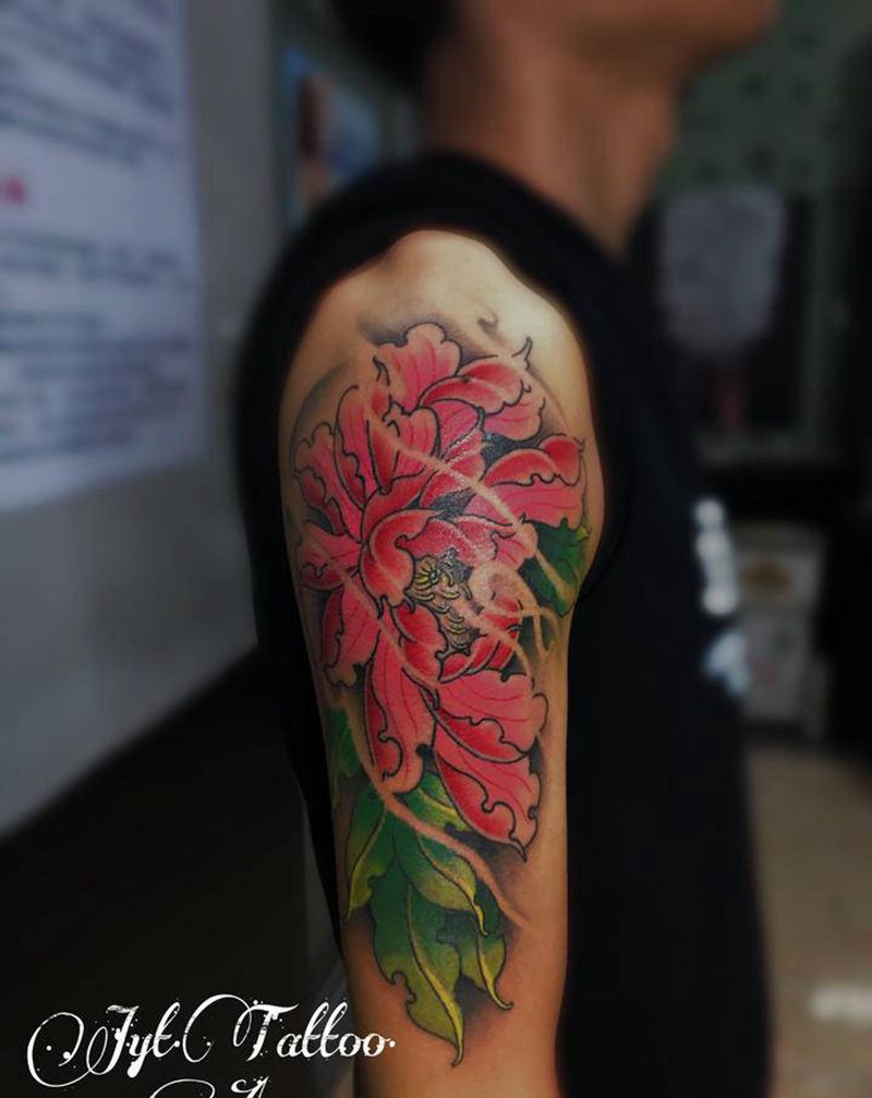 牡丹花纹身图片_手臂新传统纹身图案